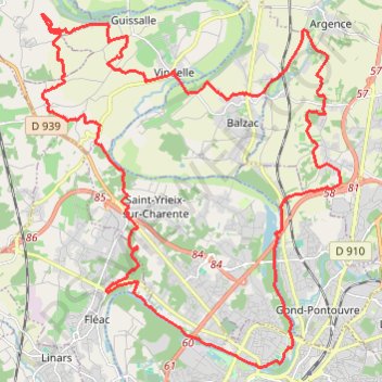 St Yriex /Charente vers Fregeneuil 39 kms GPS track, route, trail