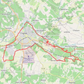 Cognac vers Mainxe 44 kms GPS track, route, trail