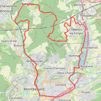 Boucle Montbéliard Brevilliers Brognard à vélo GPS track, route, trail